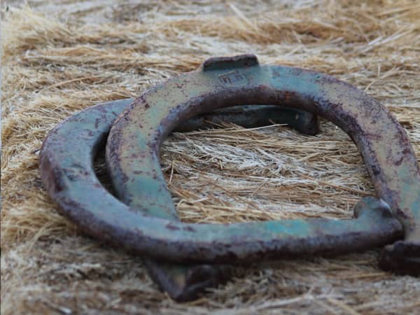 Rusty horseshoes resting on hay, symbolizing the covered wagon tours and Old West history in Palm Springs.