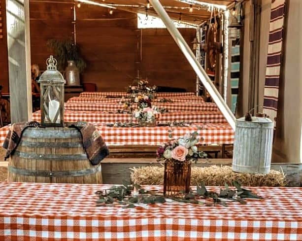 Traditional chuck wagon BBQ dinner tables at Covered Wagon Tours near Palm Springs, California