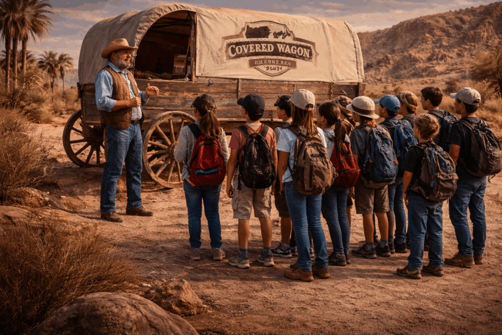 Children on a school field trip listening to a guide in front of a Covered Wagon Tours wagon in a desert setting, emphasizing hands-on learning experiences.